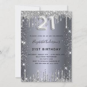 21st birthday silver glitter invitation