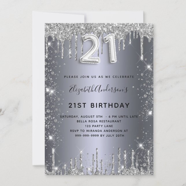 21st birthday silver glitter invitation (Front)