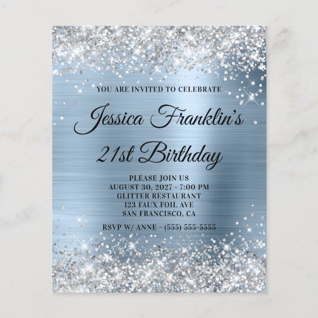 21st Birthday Silver Glitter Pale Blue Invite Flyer (Front)
