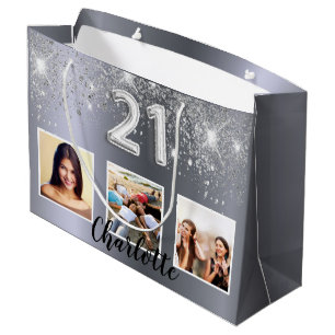 21st birthday silver glitter photo large gift bag