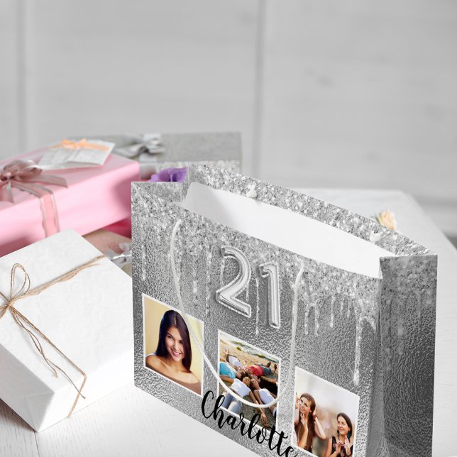 21st birthday silver glitter photo name unique large gift bag (Creator Uploaded)