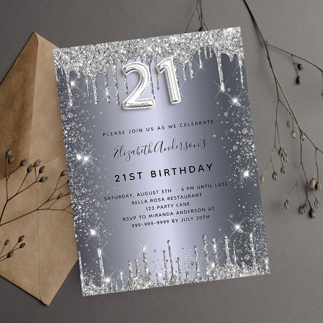 21st birthday silver metal glitter dust glam invitation postcard (Creator Uploaded)