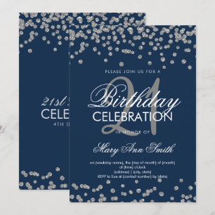 21st Birthday Silver Navy Blue Glitter Confetti Invitation