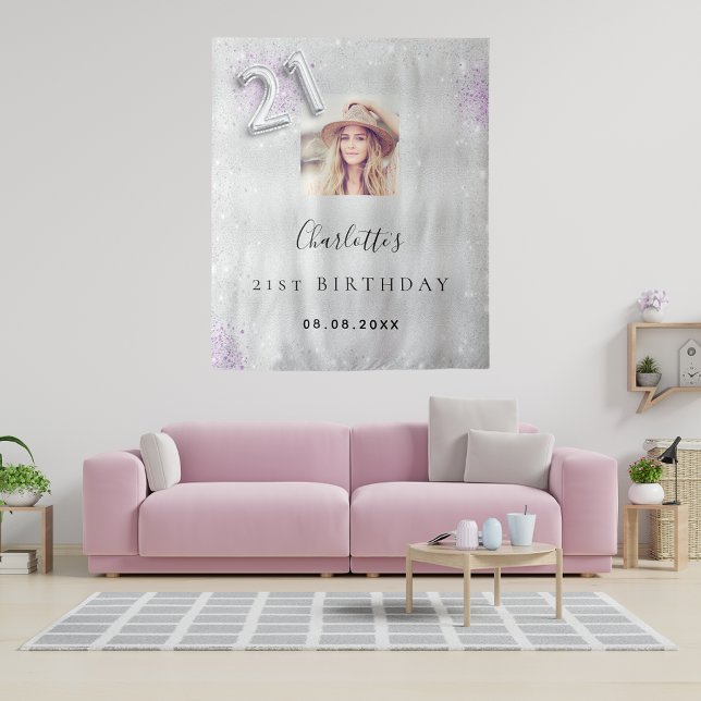 21st birthday silver purple photo glitter welcome tapestry (Creator Uploaded)