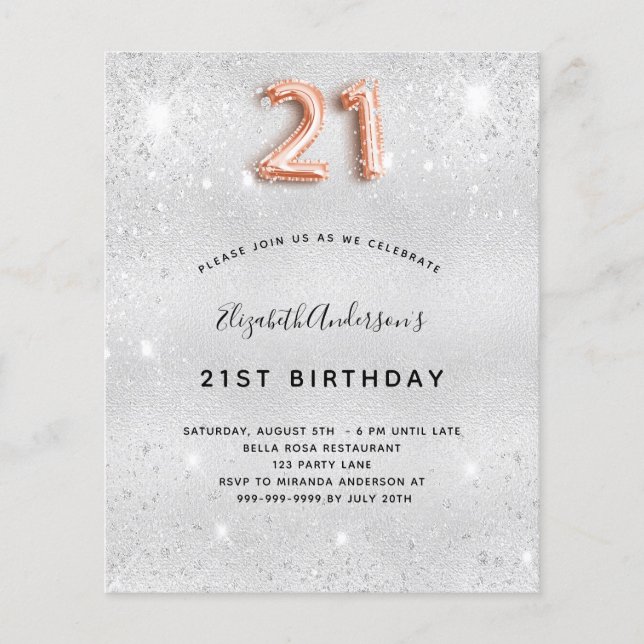 21st birthday silver rose gold glitter invitation (Front)