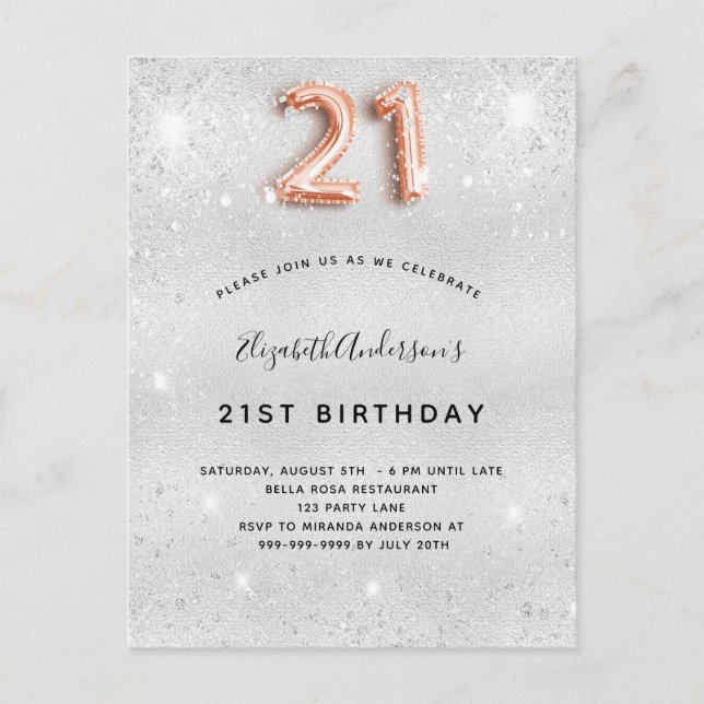 21st birthday silver rose gold invitation postcard (Front)