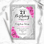 21st Birthday - Silver Stripes Pink Roses Invitation<br><div class="desc">21st Birthday Invitation. Elegant floral design in silver and pink. Features faux glitter silver stripes,  pink roses stylish script font and confetti. Perfect for a glam birthday party.</div>