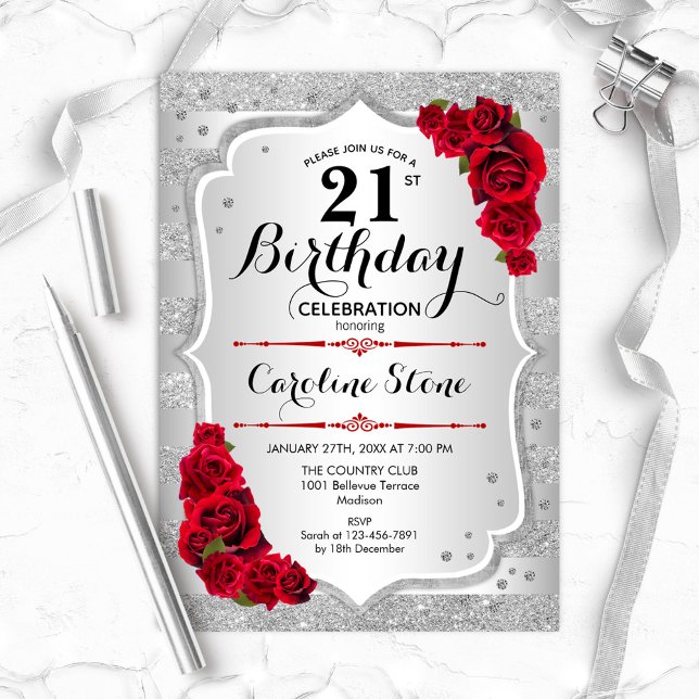 21st Birthday - Silver Stripes Red Roses Invitation (Creator Uploaded)
