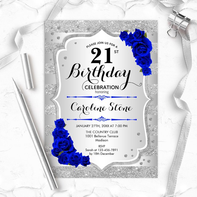 21st Birthday - Silver Stripes Royal Blue Roses Invitation (Creator Uploaded)