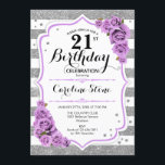 21st Birthday -  Silver White Stripes Purple Roses Invitation<br><div class="desc">21st Birthday Invitation.
Elegant silver white purple design with faux glitter. Silver and white stripes with pink roses. Perfect for an elegant twenty-first birthday party.</div>