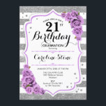 21st Birthday -  Silver White Stripes Purple Roses Invitation<br><div class="desc">21st Birthday Invitation.
Elegant silver white purple design with faux glitter. Silver and white stripes with pink roses. Perfect for an elegant twenty-first birthday party.</div>
