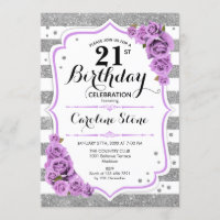 21st Birthday -  Silver White Stripes Purple Roses