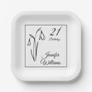 21st Birthday Snowdrop Floral Black And White Paper Plate