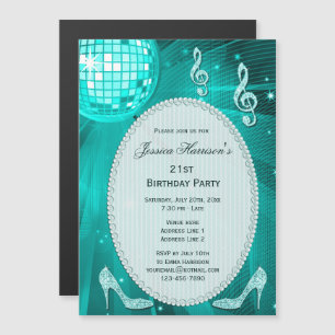21st Birthday Sparkle Heels and Teal Disco Ball Magnetic Invitation