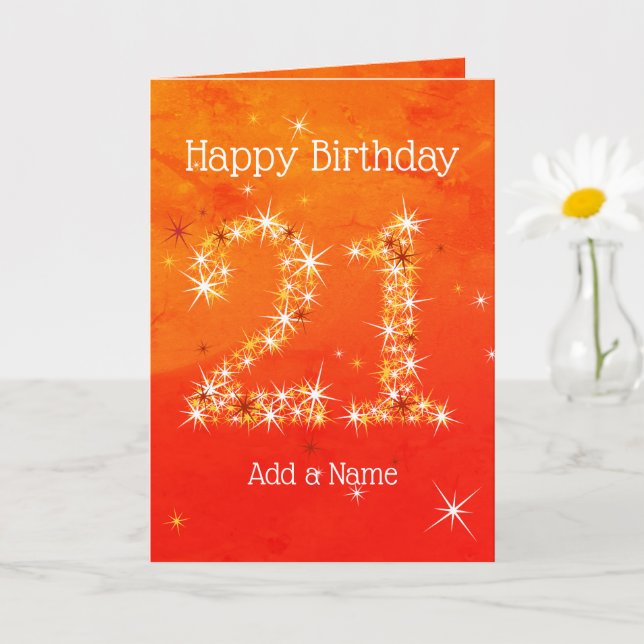 21st Birthday - Star Number Red Orange Glow Age 21 Card (Small Plant)