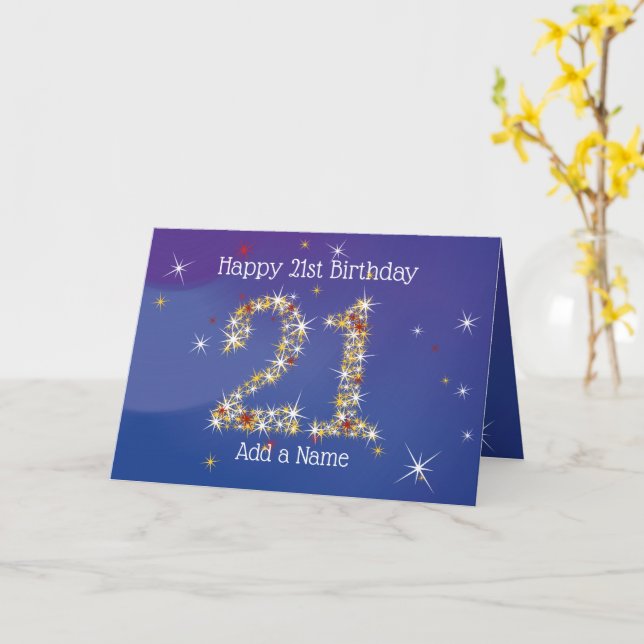 21st Birthday - Star Numbers - Blue - Age 21 Card (Yellow Flower)