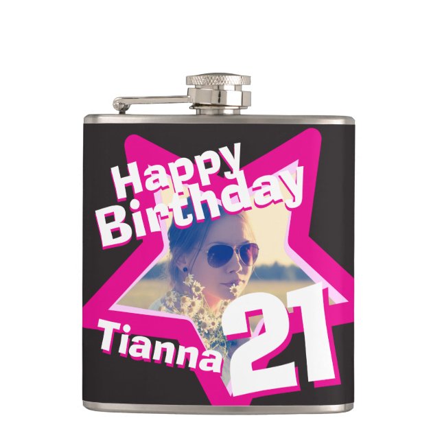 21st birthday star photo girls hip flask (Front)