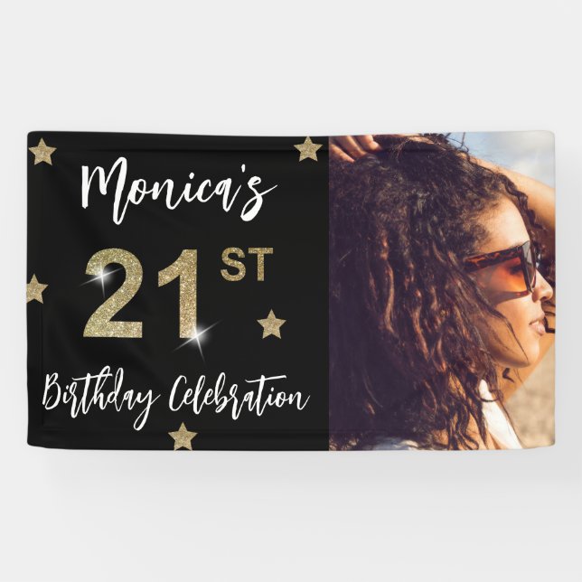 21st Birthday Stars Photo Gold Party Banner (Horizontal)