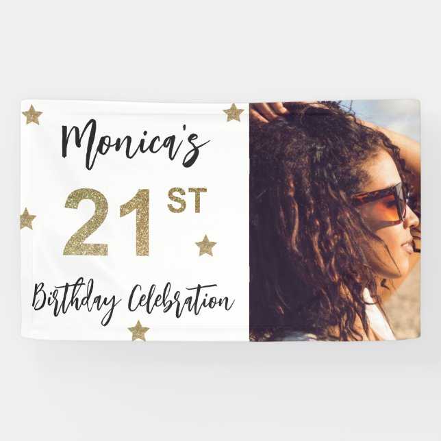 21st Birthday Stars Photo Gold Party Banner (Horizontal)