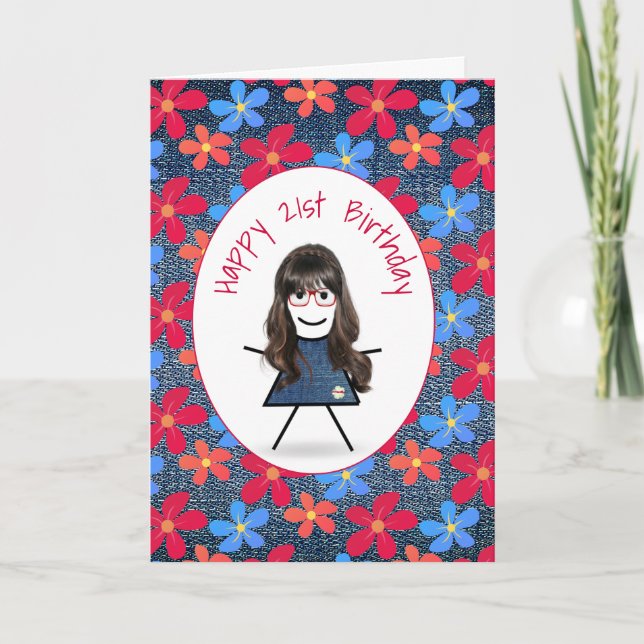 21st Birthday Stick Girl and Daisies On Denim  Card (Front)