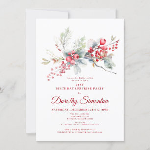 21st Birthday Surprise Party Greenery Red Berry Invitation