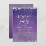 21st Birthday Surprise Party Invitation - Elegant<br><div class="desc">This elegant and festive 3.5" x 5" 21st birthday surprise party invitation features silver (simulated foil) confetti with matching letters that say "Surprise Party" in an beautiful script font. The background is a purple watercolor ombre, but can be removed and changed to any colour of your choice. Customise the invite...</div>