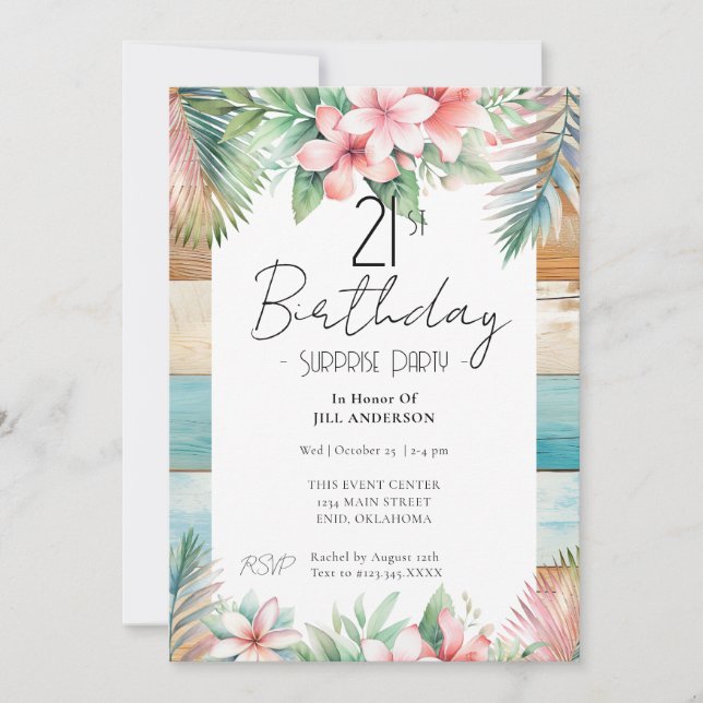 21st Birthday Surprise Party Tropical  Invitation (Front)