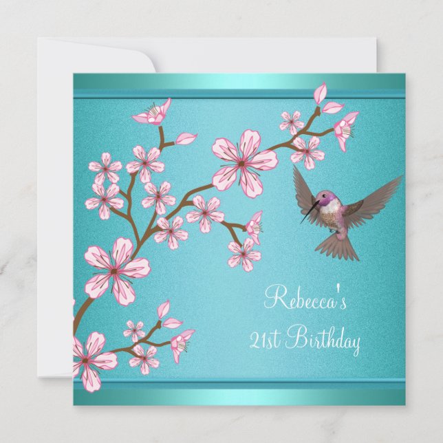 21st Birthday Teal Blue Asian Pink Flowers Bird Invitation (Front)