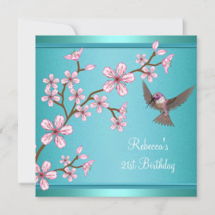 21st Birthday Teal Blue Asian Pink Flowers Bird Invitation