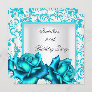 21st Birthday Teal Blue Floral Rose White Invitation
