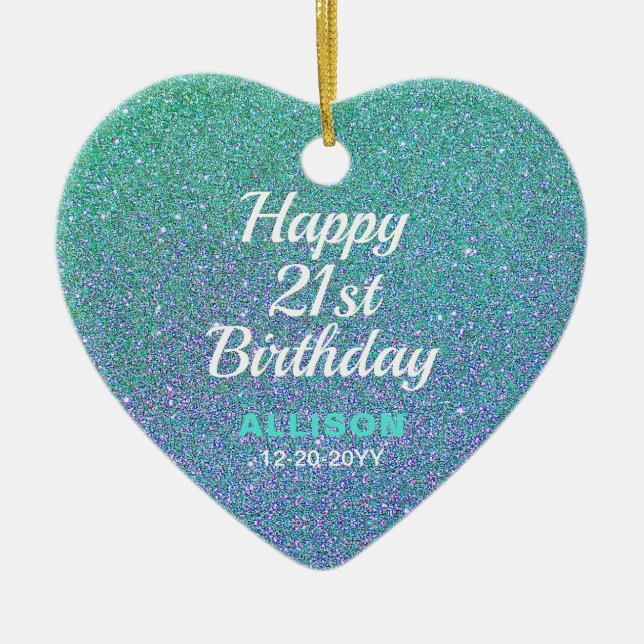 21st Birthday Teal Blue Glitter Personalised Ceramic Tree Decoration (Front)