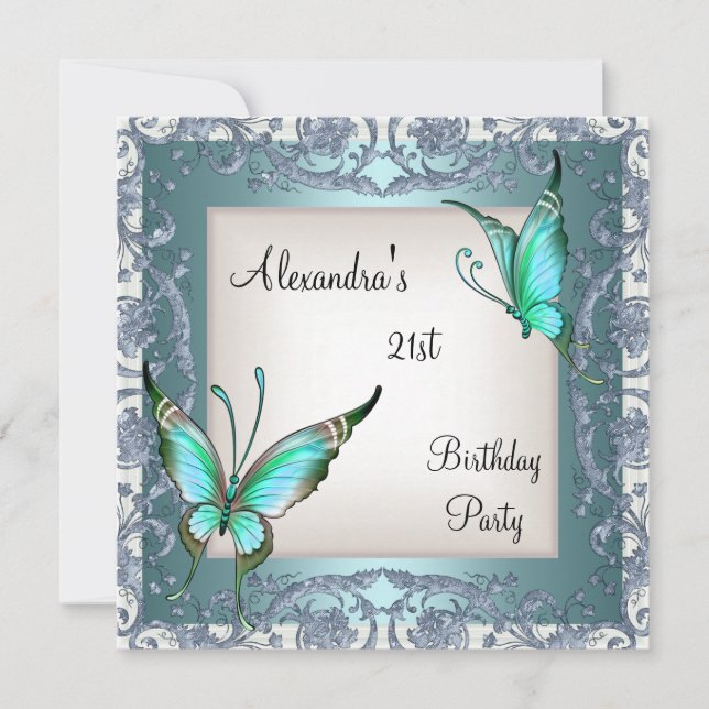 21st Birthday Teal Floral Butterfly Silver White 2 Invitation (Front)