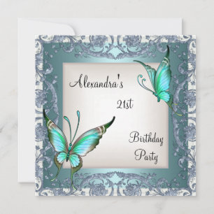 21st Birthday Teal Floral Butterfly Silver White 2 Invitation