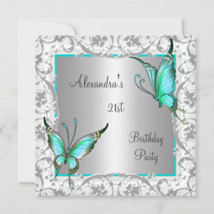 21st Birthday Teal Floral Butterfly Silver White Invitation
