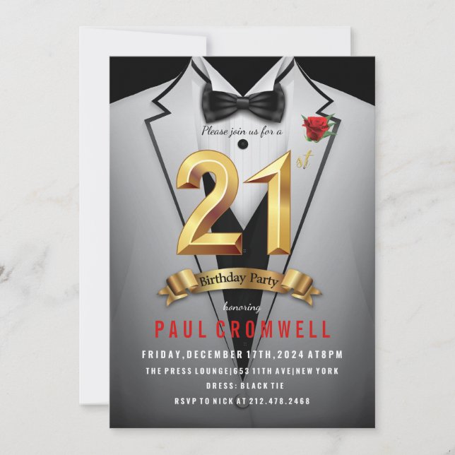 21st Birthday Tuxedo  Invitation (Front)