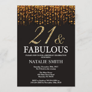 21st Birthday Twenty one and Fabulous Gold Glitter Invitation