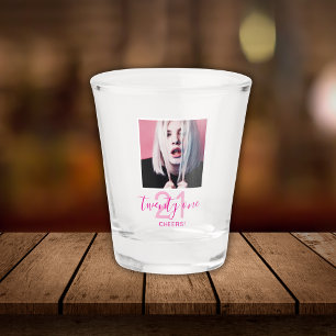 21st Birthday Twenty One Photo Trendy Script Pink Shot Glass