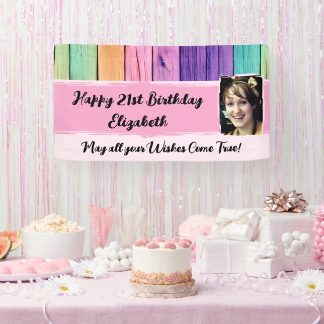 21st Birthday unicorn colours name photo pink Banner (Party)