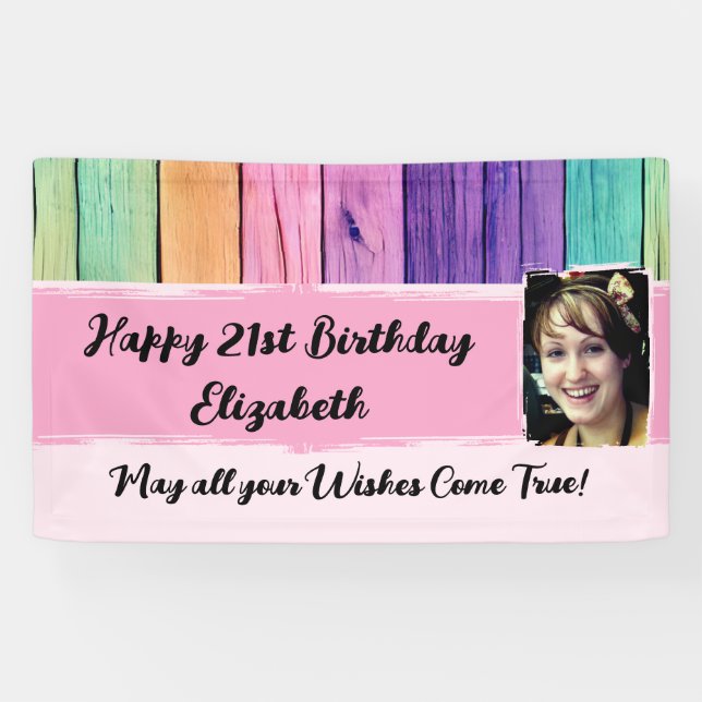 21st Birthday unicorn colours name photo pink Banner (Horizontal)