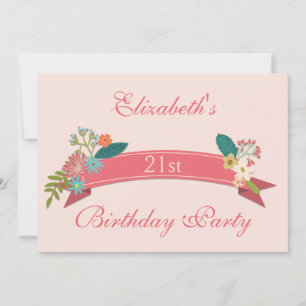 21st Birthday Vintage Flowers Pink Banner Invitation