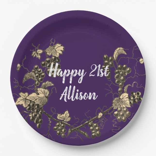 21st Birthday Vintage Grape Sketch Celebration Paper Plate (Front)