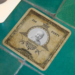 21st Birthday Vintage Retro Monogram Photo Antique Square Paper Coaster<br><div class="desc">Vintage retro distressed style milestone 21st Birthday Party paper napkin. An elegant party accessory. Insert your own photo and name. Template provided so easily personalised. Note the photo will be the same colours as you use. The design is also available with other age milestones. Matching party supplies (Banners, posters, paper...</div>