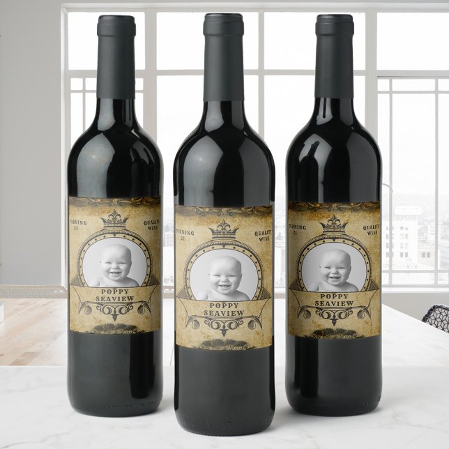 21st Birthday Vintage Retro Monogram & Photo Wine Label (Creator Uploaded)