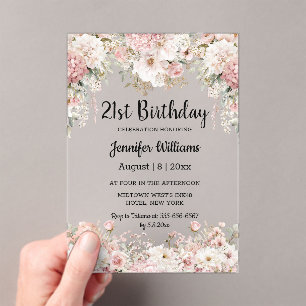 21st birthday watercolor pink floral modern acrylic invitations