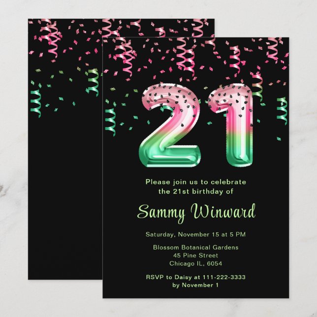 21st Birthday Watermelon Balloons with Confetti Invitation (Front/Back)
