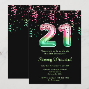21st Birthday Watermelon Balloons with Confetti Invitation