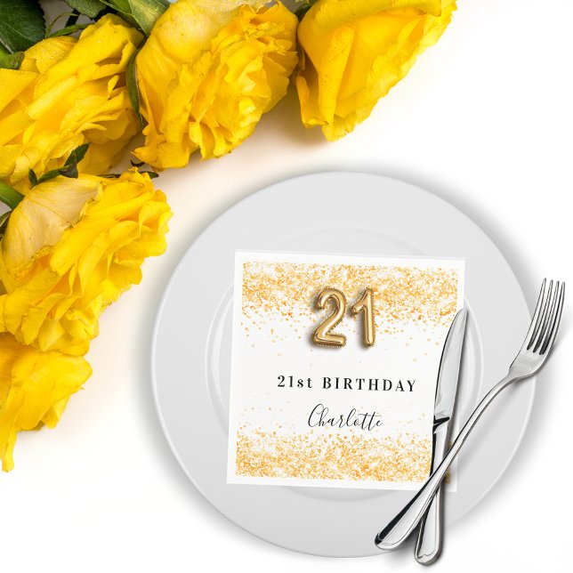 21st birthday white gold glitter name napkin (Creator Uploaded)