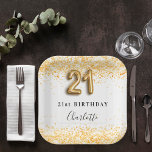 21st birthday white gold glitter name paper plate<br><div class="desc">For an elegant 21st birthday party.  A chic white background. Decorated with faux gold glitter,  sparkles.  Personalise and add a name. The name is written with a hand lettered style script. Number 21 with balloon style font.</div>