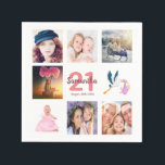 21st birthday white photo collage napkin<br><div class="desc">A napkin for a girly 21st birthday party,  celebrating her life with a collage of 8 of your photos.  Templates for a name,  age 21 and a date.  Date of birth or the date of the party.  Coral and burgundy coloured letters.  White background.</div>