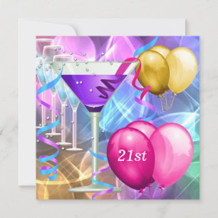 21st Birthday  White Pink Purple Martini Balloons Invitation